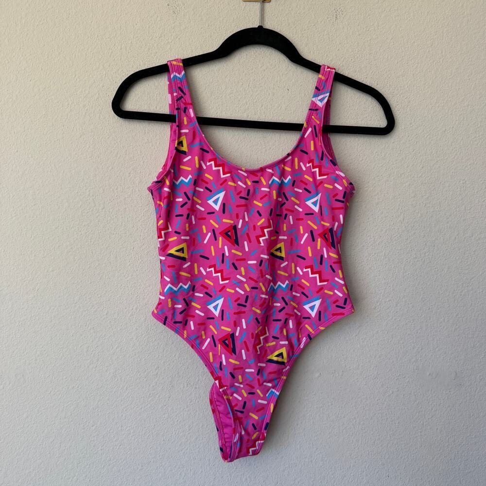 ASOS Swim Pink Confetti 80s High Cut One Piece Swimsuit Size US 6